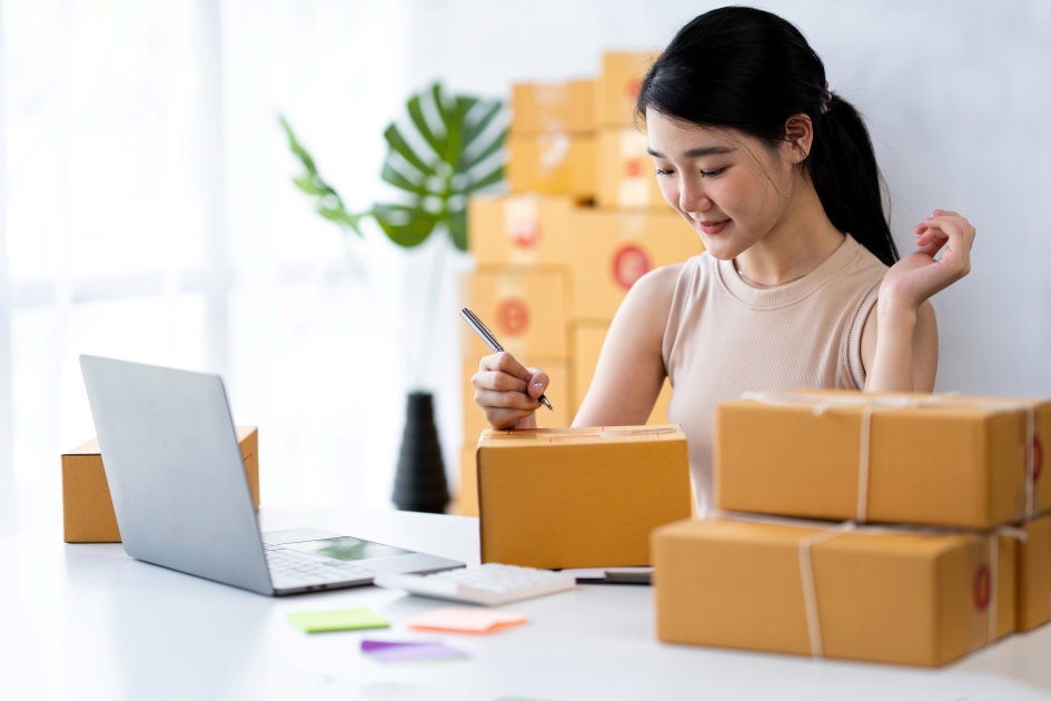 Empresária com encomendas, analisando endereço fiscal para ecommerce.